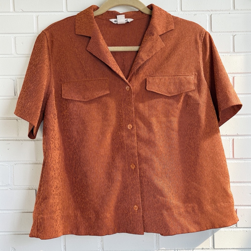 Athleta Burnt Orange Textured Button Up Shirt Small Boho Minimalist Resort